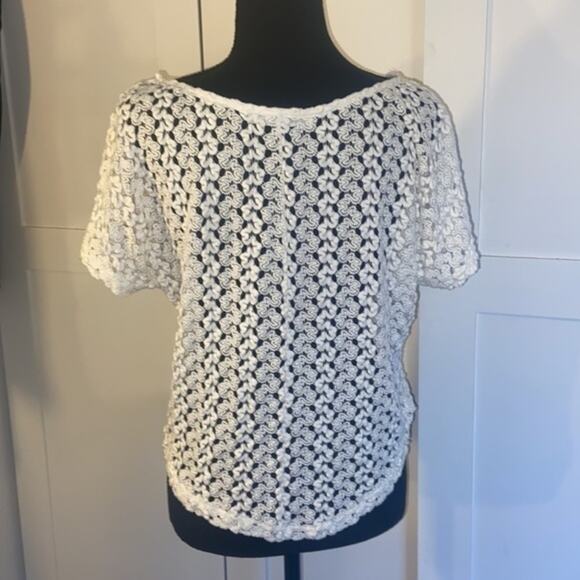 White Open Knit Short Sleeve Crew Neck Blouse Top S/M - Picture 4 of 5